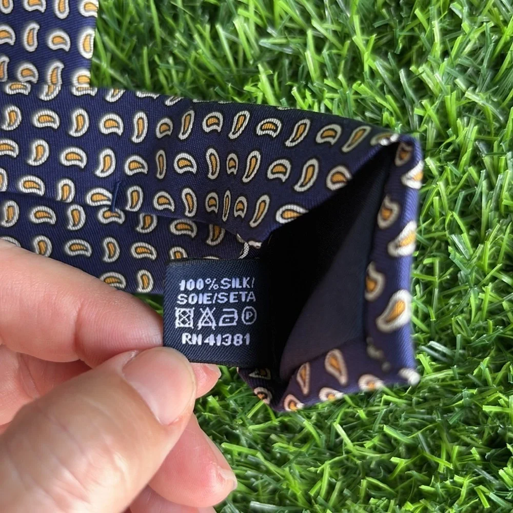POLO RALPH LAUREN Luxury Designer Navy Blue & Yellow Silk Necktie Professional